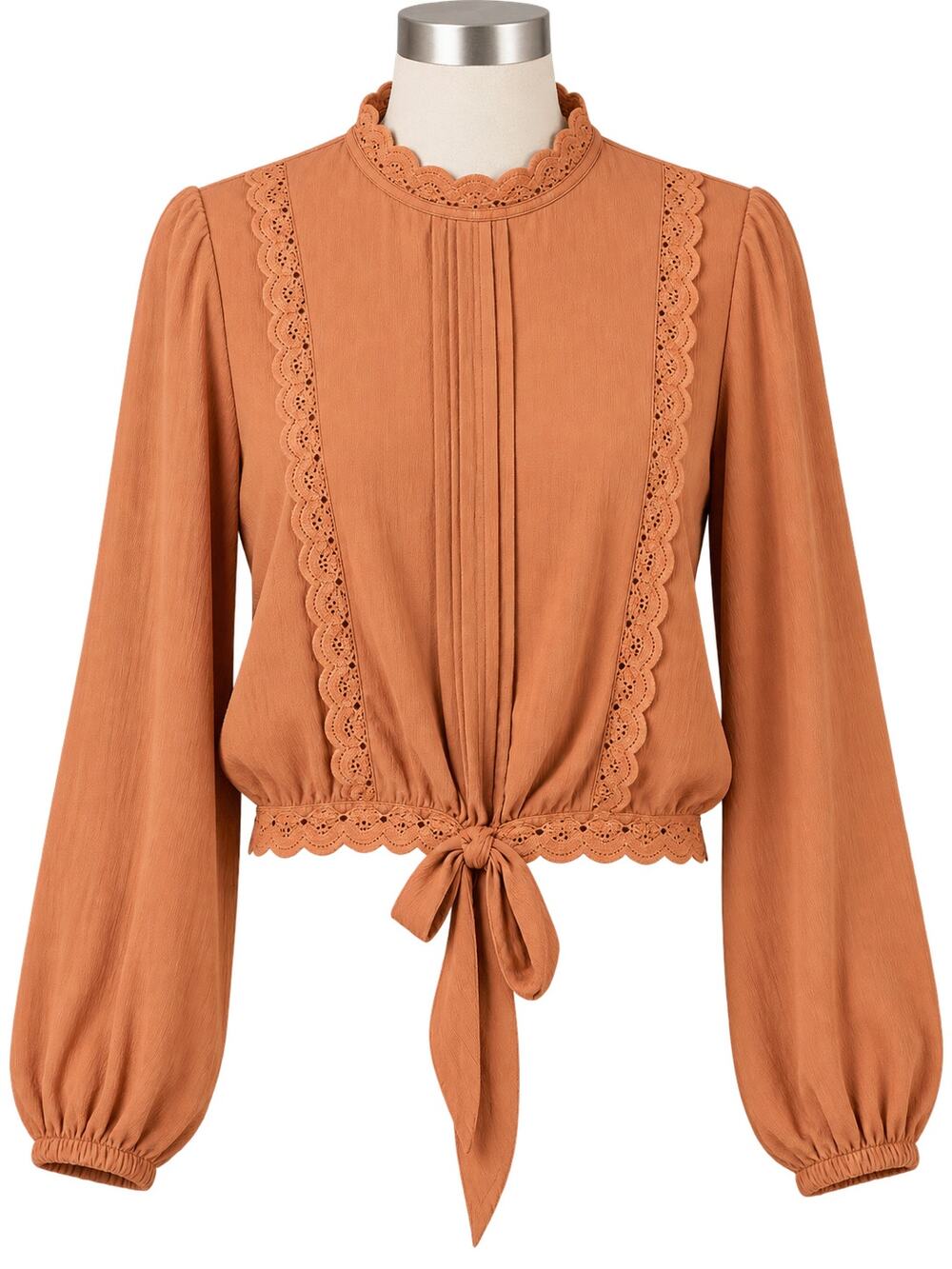 Self Esteem Pleated Lace Trim Blouse - Toasted Nut - Size S - Boho Romantic